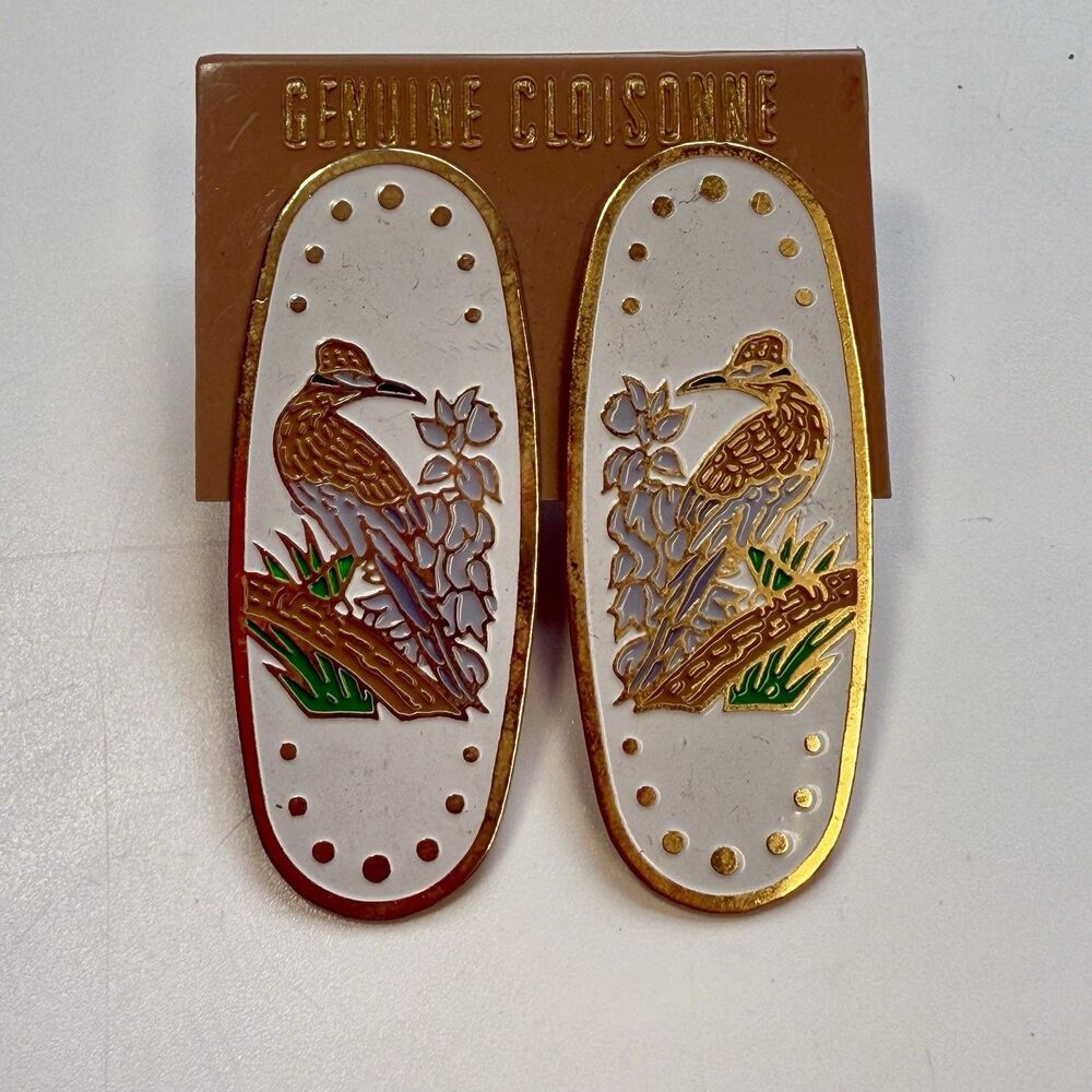 Genuine Cloisonné Oblong Lightweight Metal Floral Bird Stud Earrings New